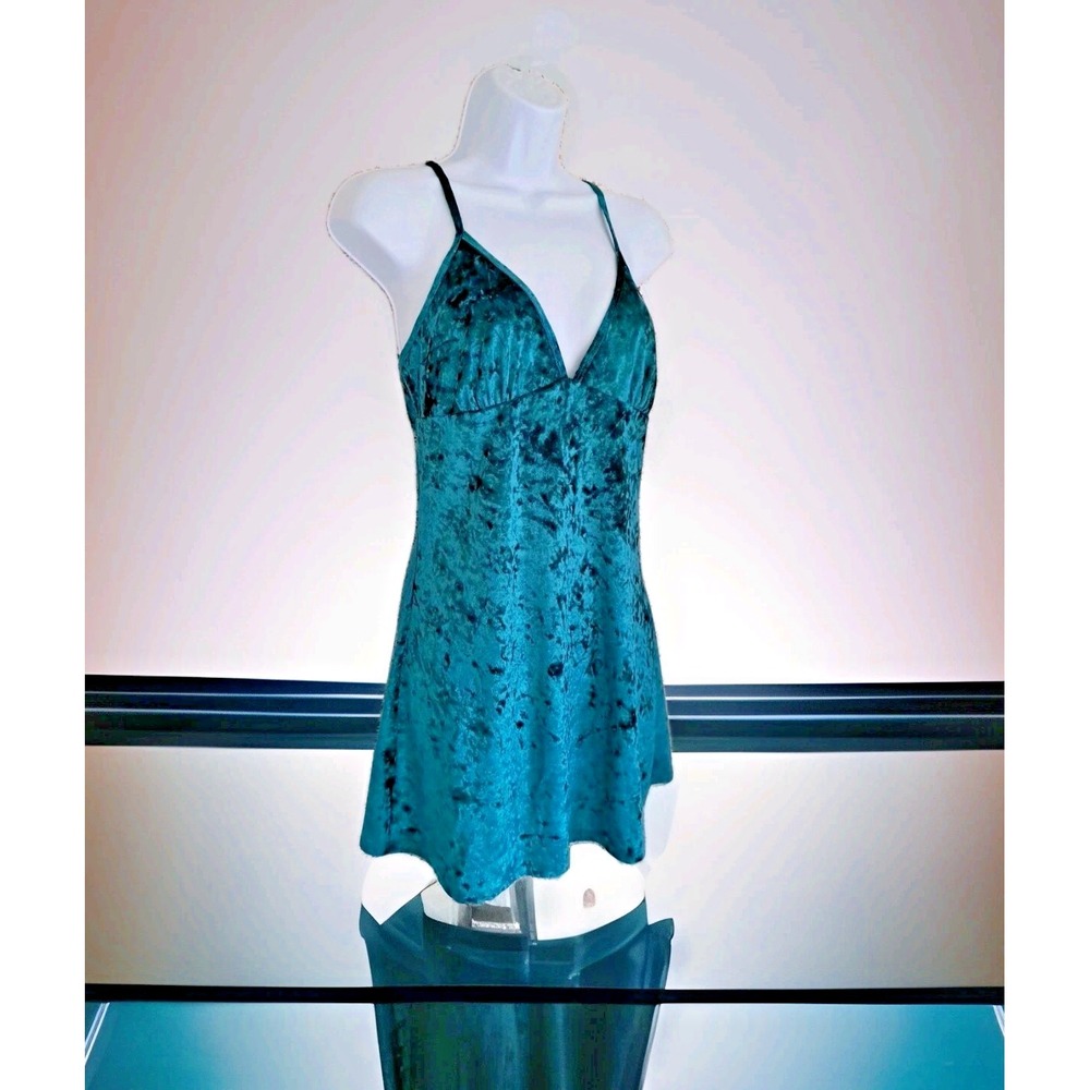 Frederick's Of Hollywood Slip Dress M Green‎ Velvet Y2K Babydoll Lingerie Mini
